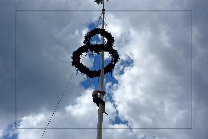 Kletterer mit nacktem Oberkörper fast ganz oben beim Maibaum, düstere Wolken als HIntergrund