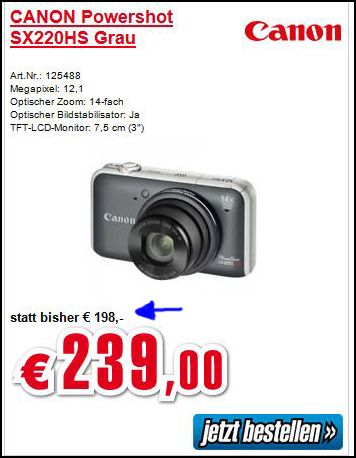Fotoapparat, der "statt bisher198,00" (kleingedruckt in schwarz) nun 239,00 Euro (groß, in roter Schrift) kostet